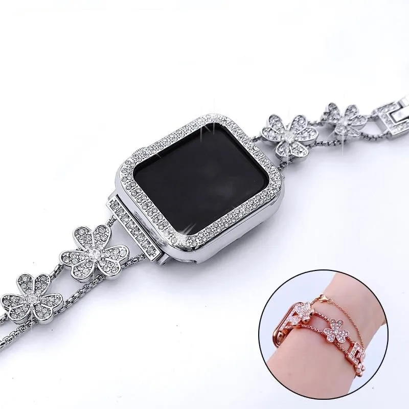Apple Watch Band Silver, Rose Gold Bling Women Strap & Case Set 8 7 6