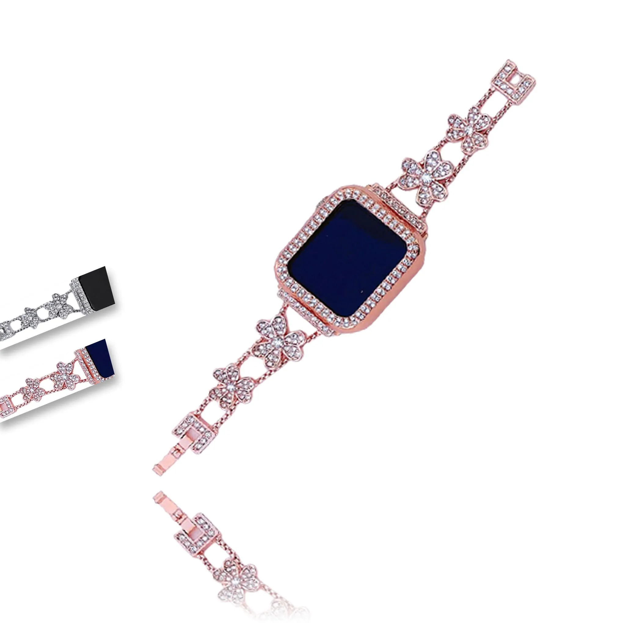 Apple Watch Band Silver, Rose Gold Bling Women Strap & Case Set 8 7 6