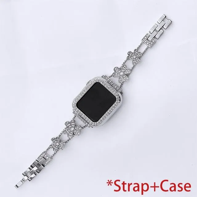 Apple Watch Band Silver, Rose Gold Bling Women Strap & Case Set 8 7 6
