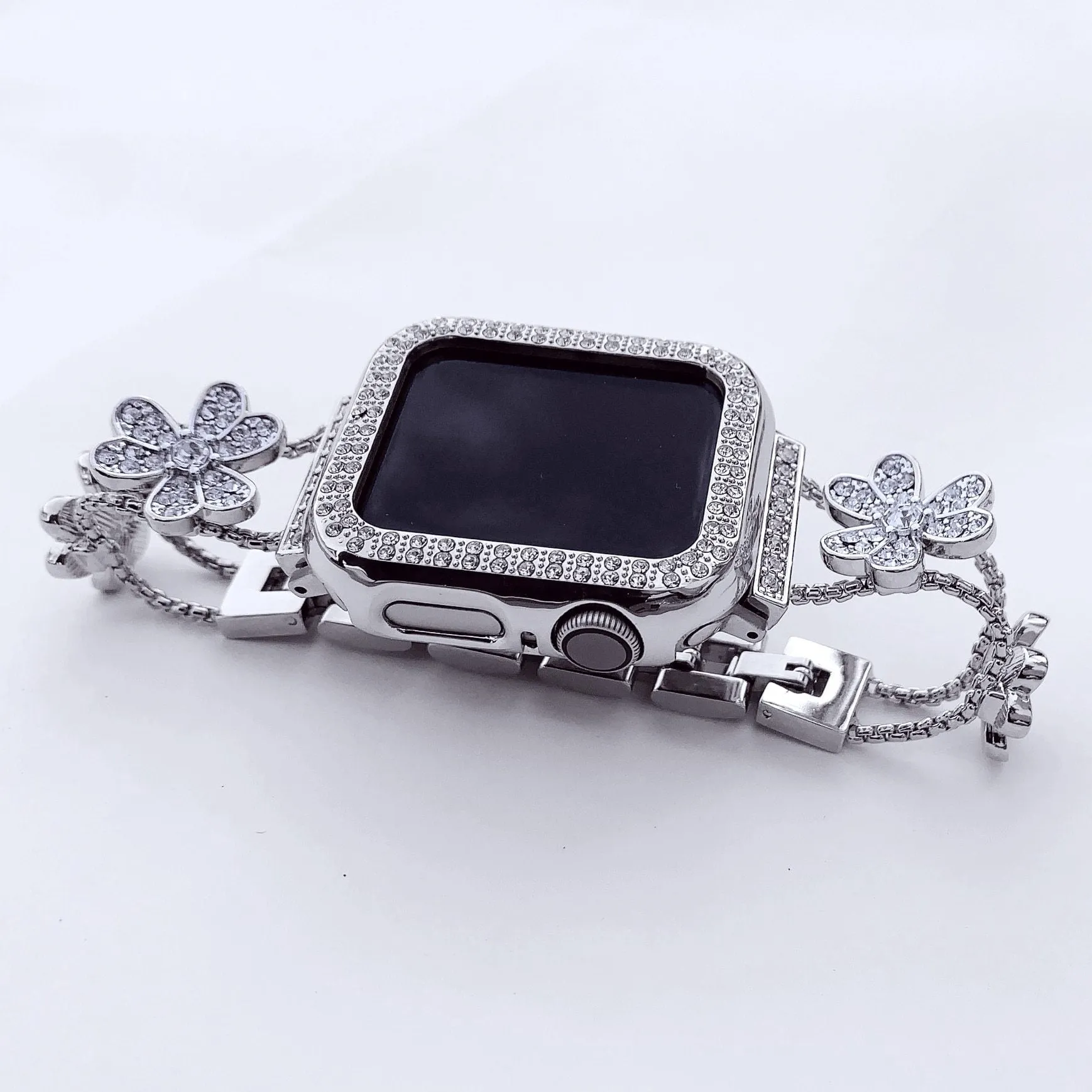 Apple Watch Band Silver, Rose Gold Bling Women Strap & Case Set 8 7 6