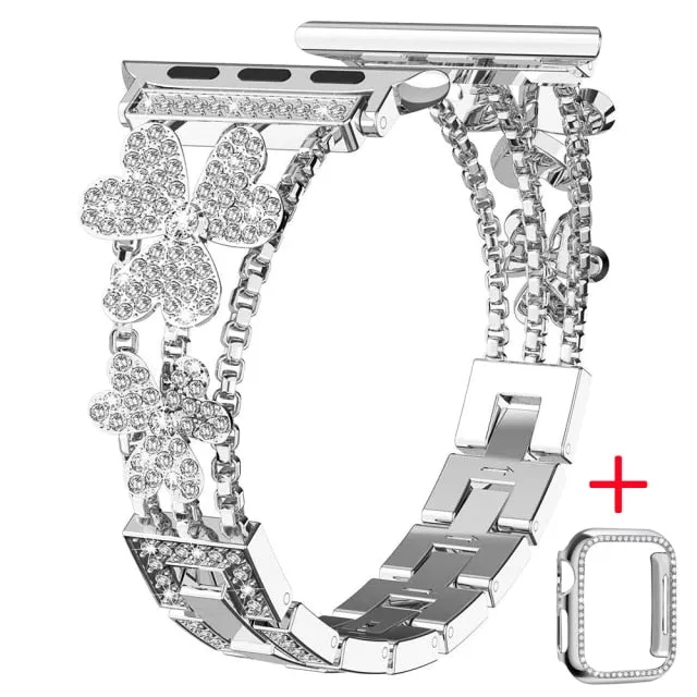 Apple Watch Band Silver, Rose Gold Bling Women Strap & Case Set 8 7 6