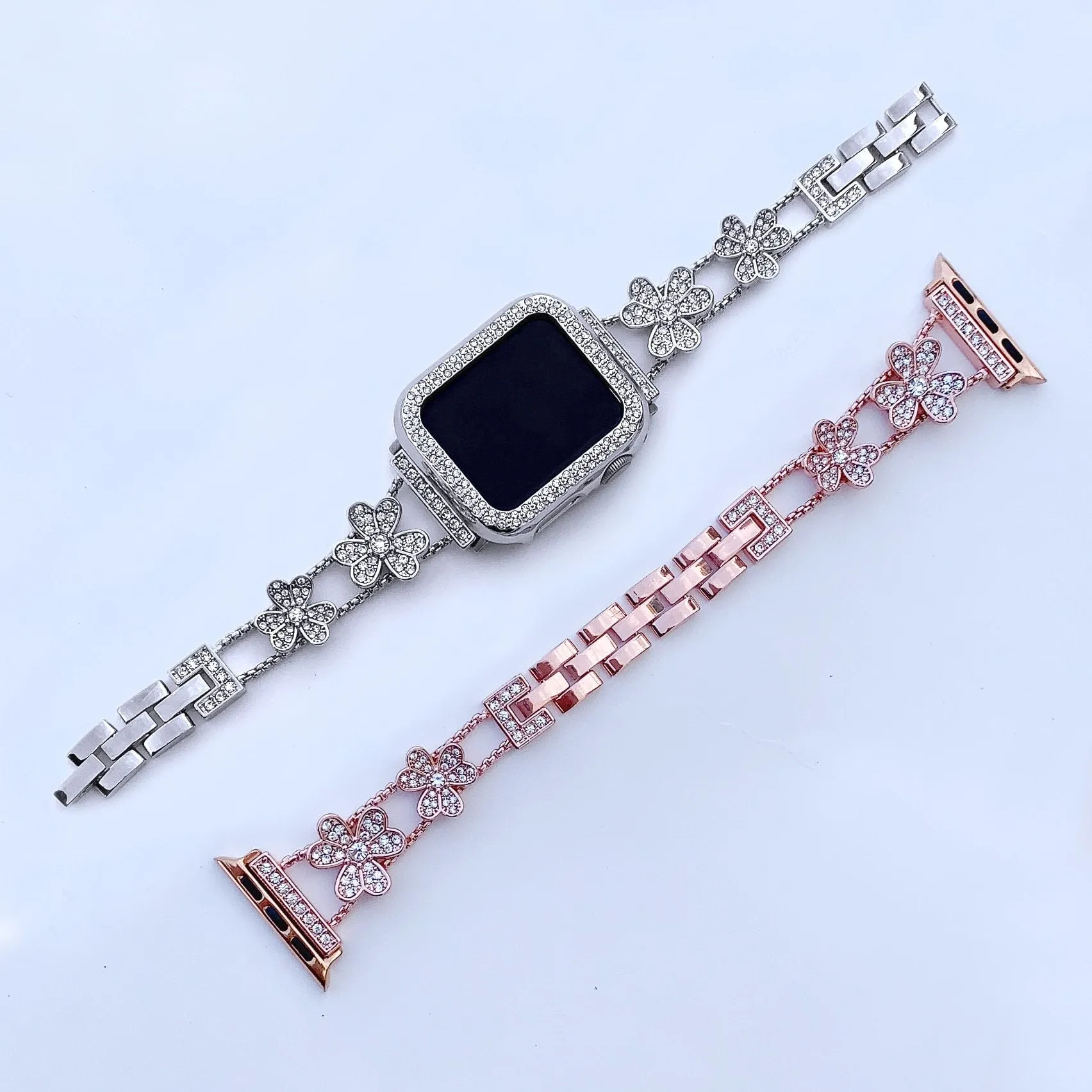 Apple Watch Band Silver, Rose Gold Bling Women Strap & Case Set 8 7 6