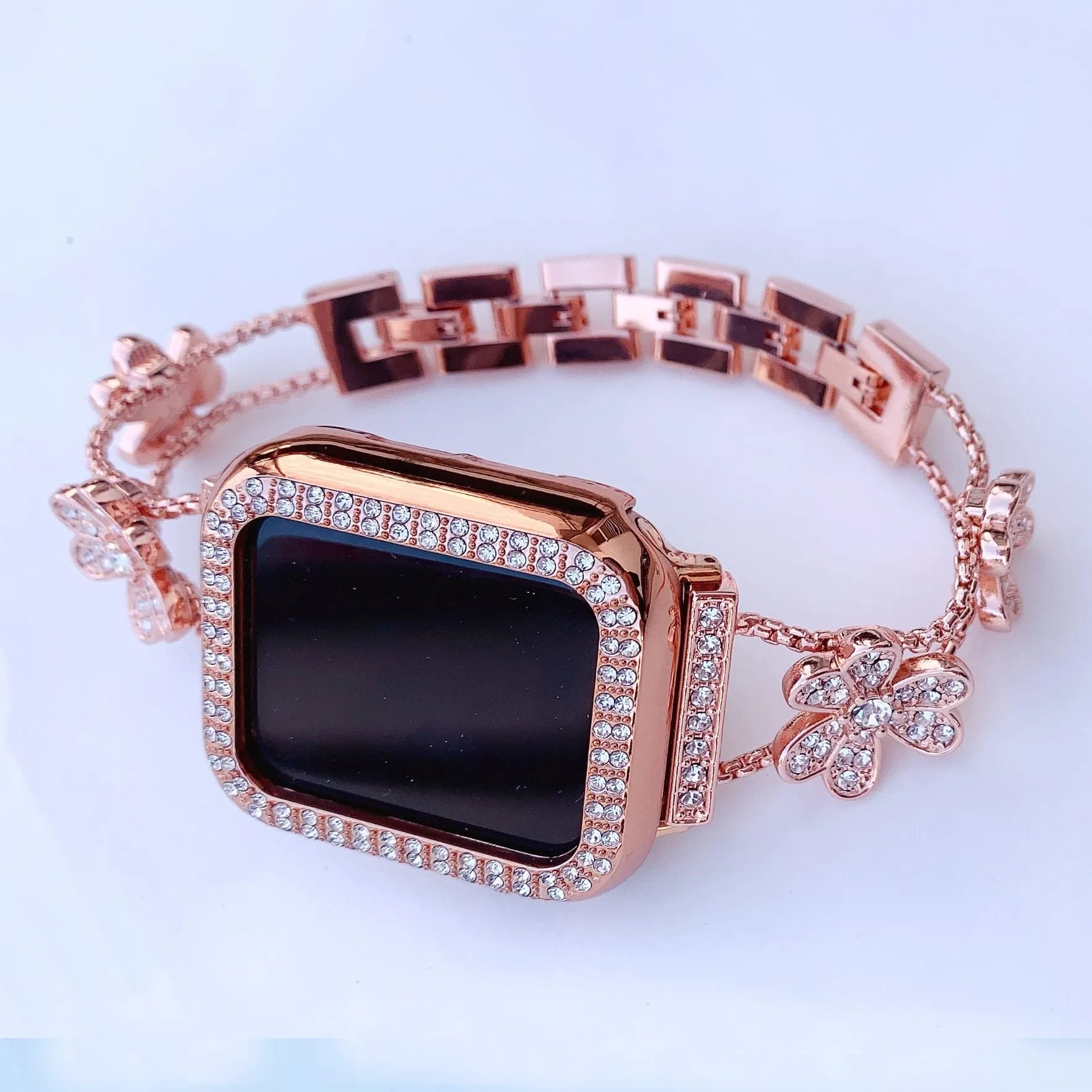 Apple Watch Band Silver, Rose Gold Bling Women Strap & Case Set 8 7 6
