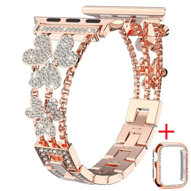 Apple Watch Band Silver, Rose Gold Bling Women Strap & Case Set 8 7 6