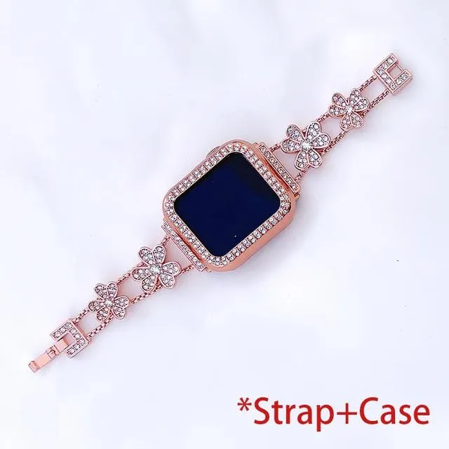 Apple Watch Band Silver, Rose Gold Bling Women Strap & Case Set 8 7 6