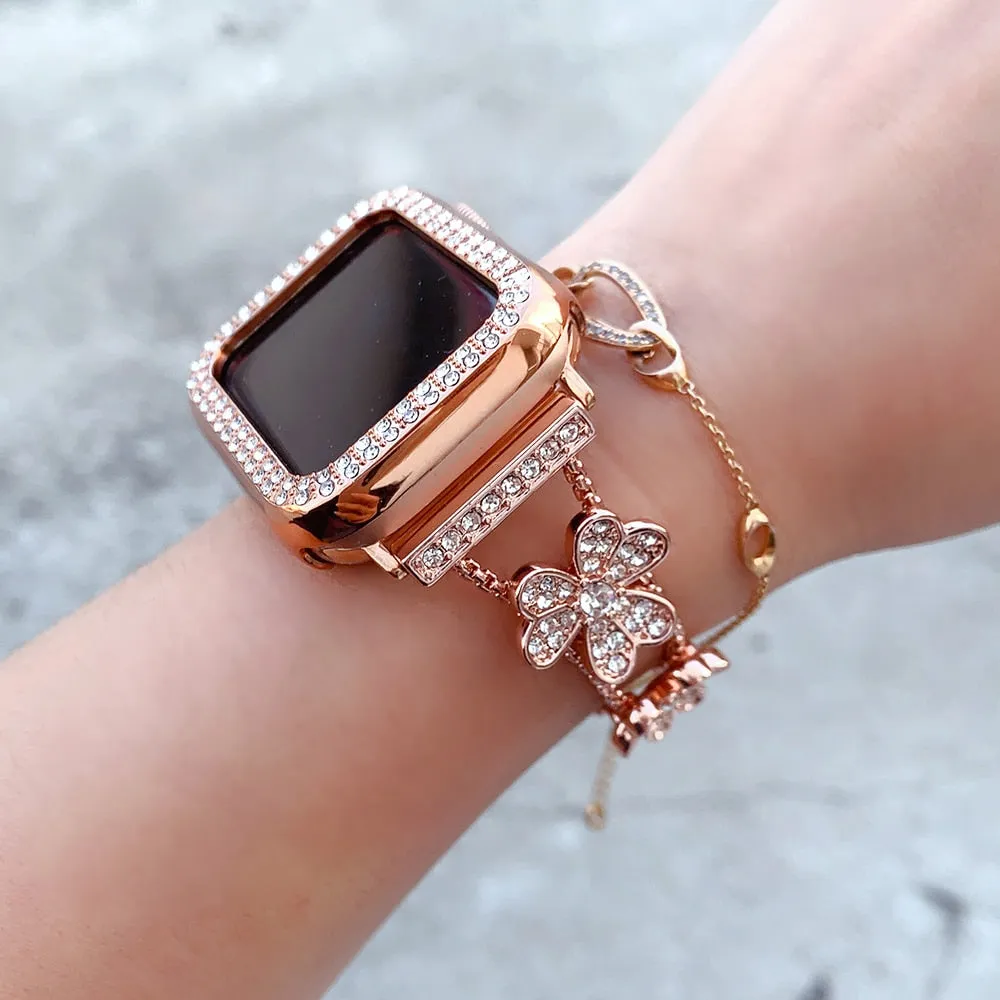 Apple Watch Band Silver, Rose Gold Bling Women Strap & Case Set 8 7 6