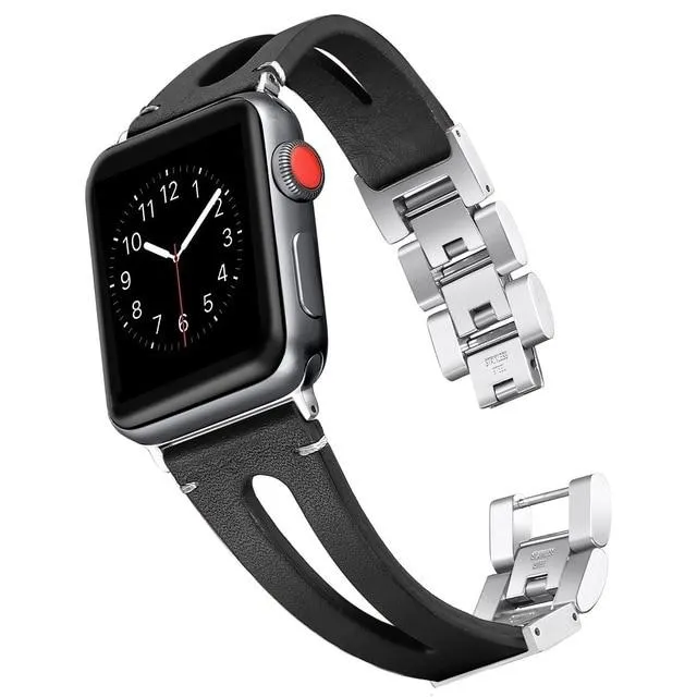 Apple Watch Series 7 6 5 Band, elegant Classic Leather silver cool strap