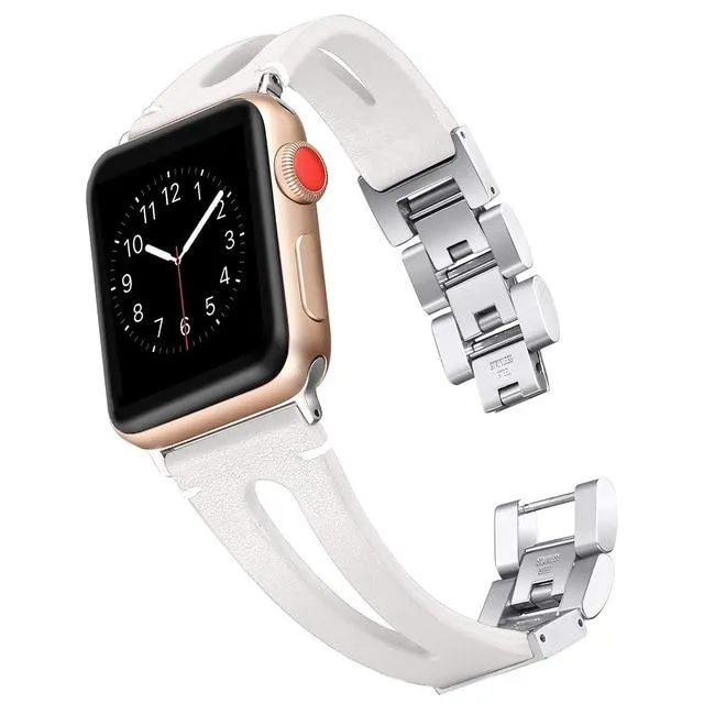 Apple Watch Series 7 6 5 Band, elegant Classic Leather silver cool strap