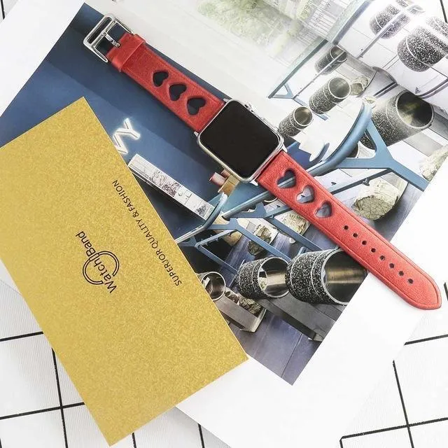 Apple Watch Series 7 6 5 Breathable Watch Hollow Hearts Leather Strap
