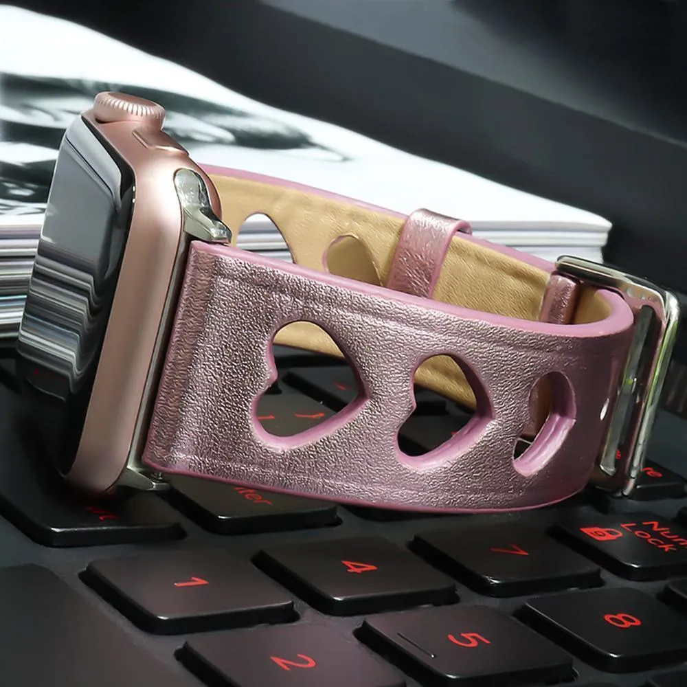 Apple Watch Series 7 6 5 Breathable Watch Hollow Hearts Leather Strap