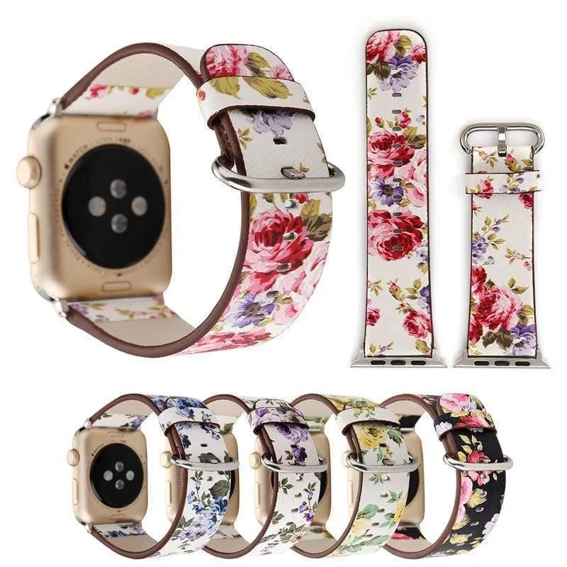 Apple Watch Series Elegant Floral Printed Leather Loop Watchband