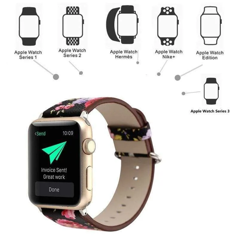 Apple Watch Series Elegant Floral Printed Leather Loop Watchband