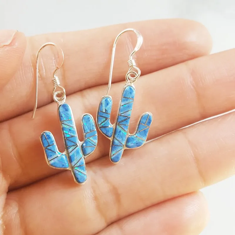 Arizona Turquoise and Inlaid Jewelry Denim Lapis Lazuli and Opal Saguaro Cactus Earrings