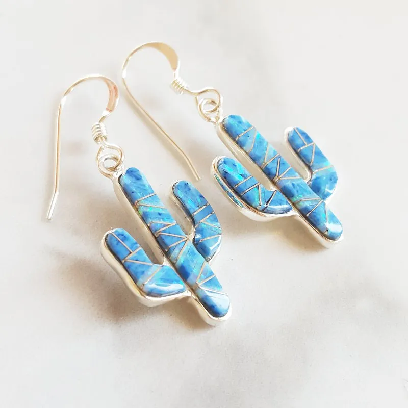 Arizona Turquoise and Inlaid Jewelry Denim Lapis Lazuli and Opal Saguaro Cactus Earrings