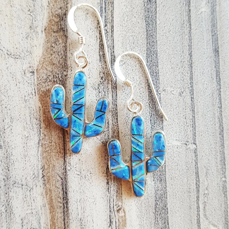 Arizona Turquoise and Inlaid Jewelry Denim Lapis Lazuli and Opal Saguaro Cactus Earrings