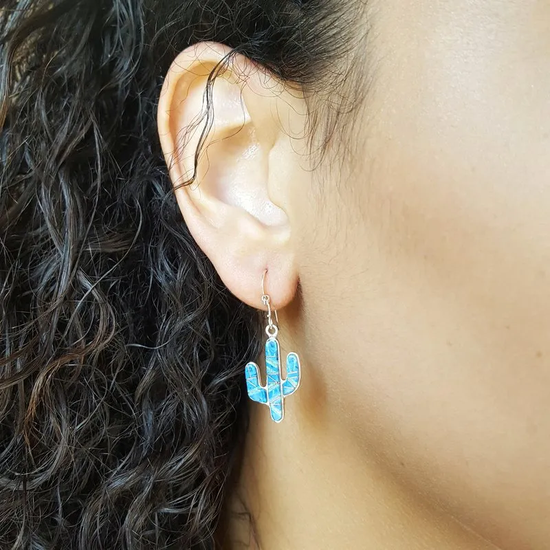 Arizona Turquoise and Inlaid Jewelry Denim Lapis Lazuli and Opal Saguaro Cactus Earrings