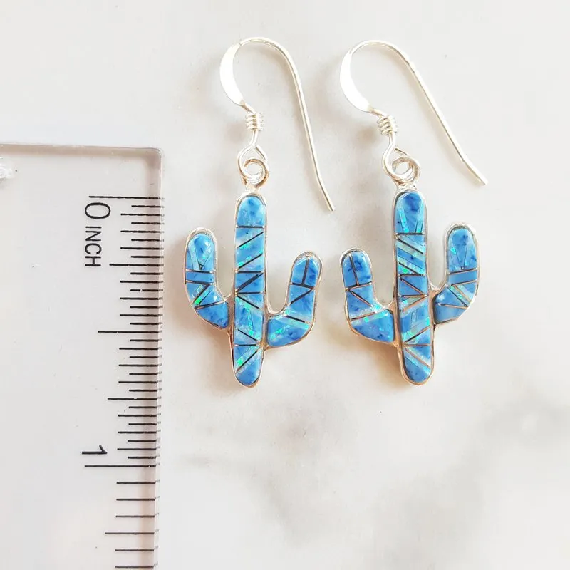 Arizona Turquoise and Inlaid Jewelry Denim Lapis Lazuli and Opal Saguaro Cactus Earrings