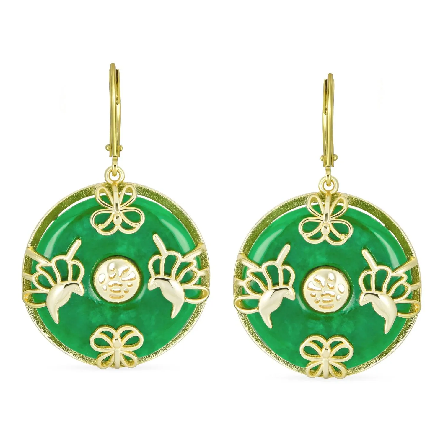 Asian Style Dangle Gemstone Earrings with Green Jade Butterfly and 14K Gold