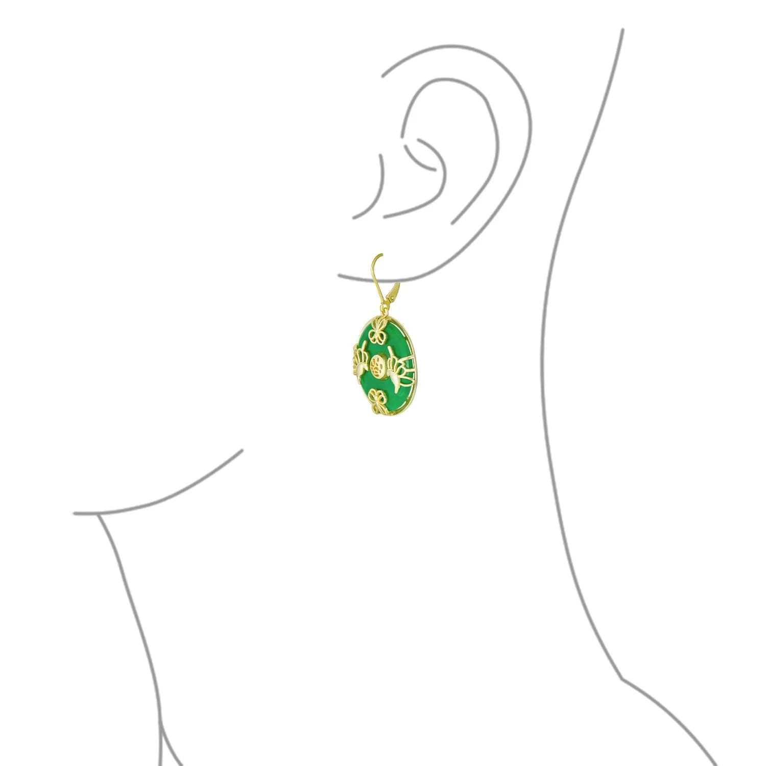 Asian Style Dangle Gemstone Earrings with Green Jade Butterfly and 14K Gold