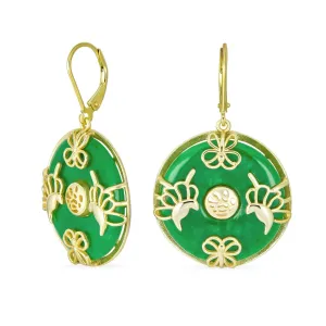 Asian Style Dangle Gemstone Earrings with Green Jade Butterfly and 14K Gold