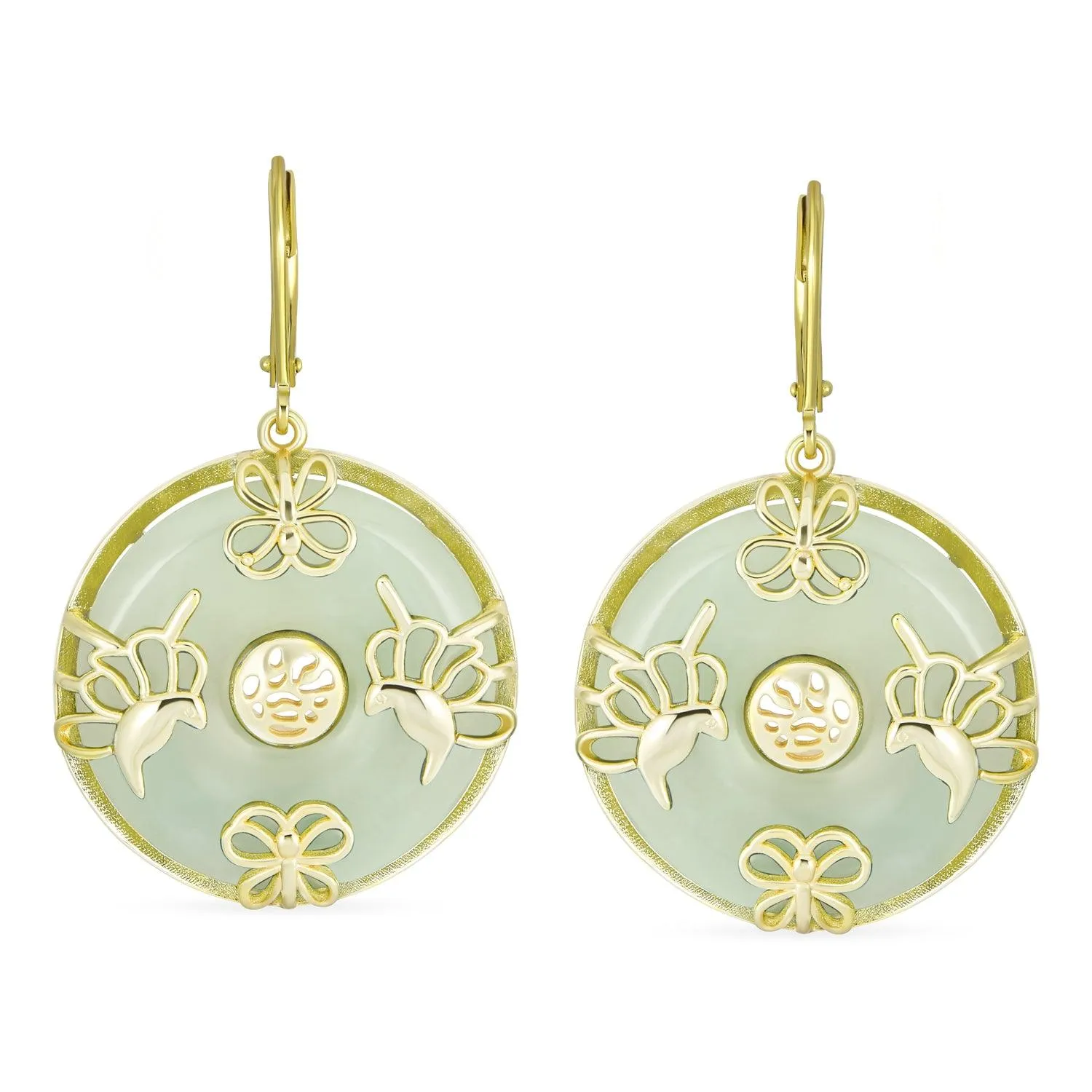 Asian Style Dangle Gemstone Earrings with Green Jade Butterfly and 14K Gold