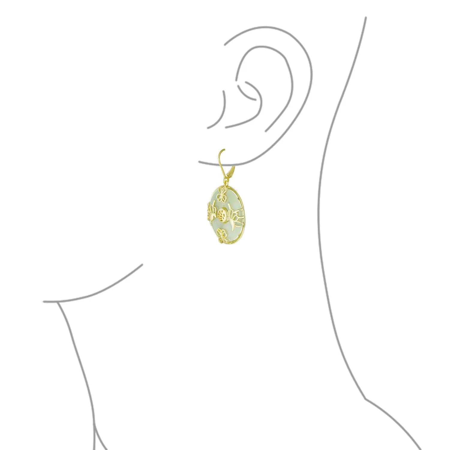 Asian Style Dangle Gemstone Earrings with Green Jade Butterfly and 14K Gold