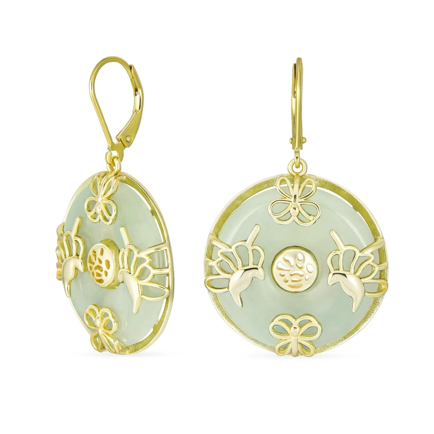 Asian Style Dangle Gemstone Earrings with Green Jade Butterfly and 14K Gold