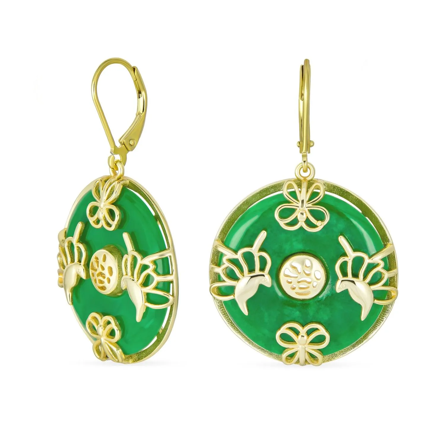 Asian Style Dangle Gemstone Earrings with Green Jade Butterfly and 14K Gold