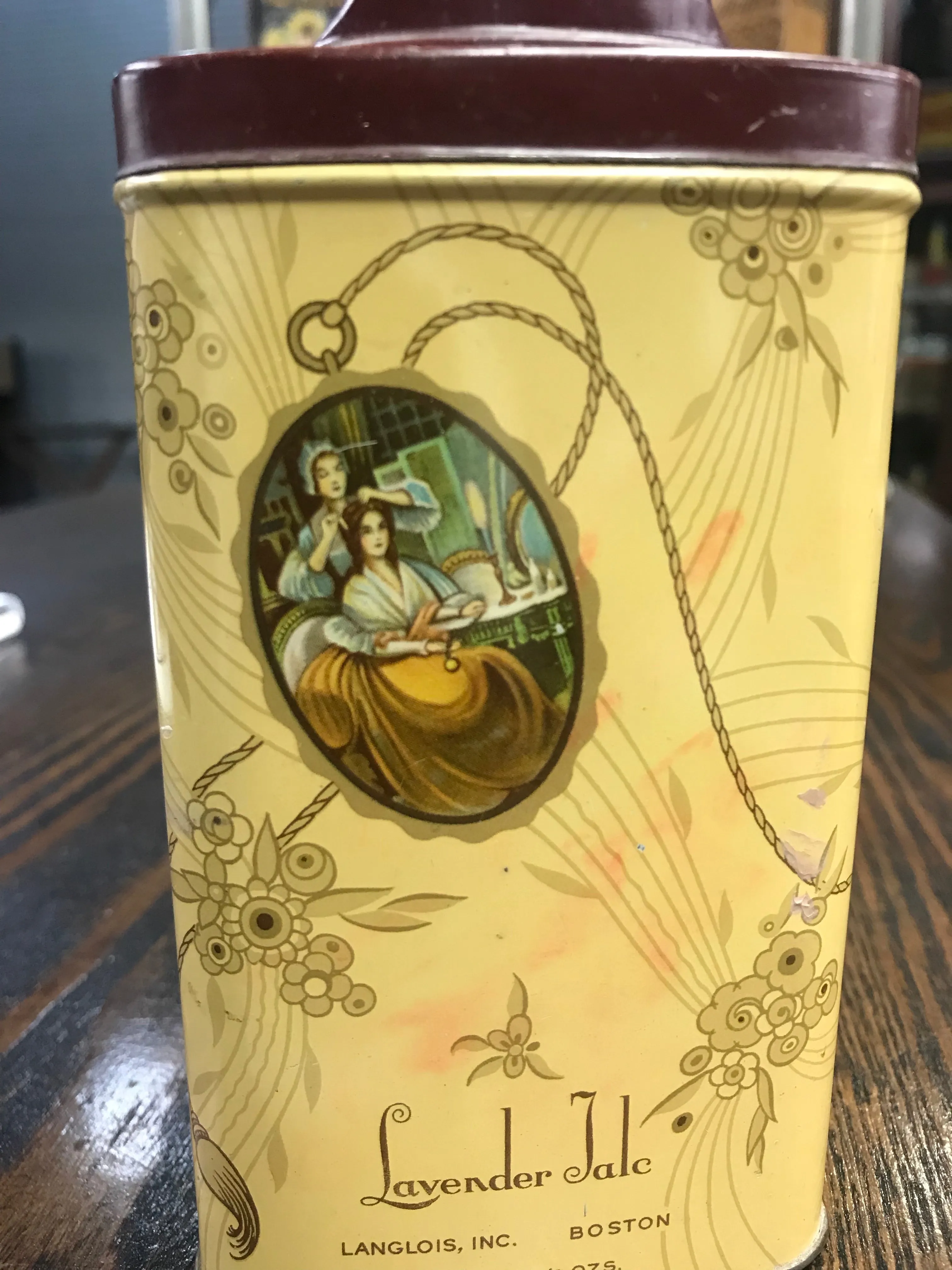 Beautiful Yellow 1930's ART DECO Lavender Talcum Powder Tin--LANGLOIS INC.