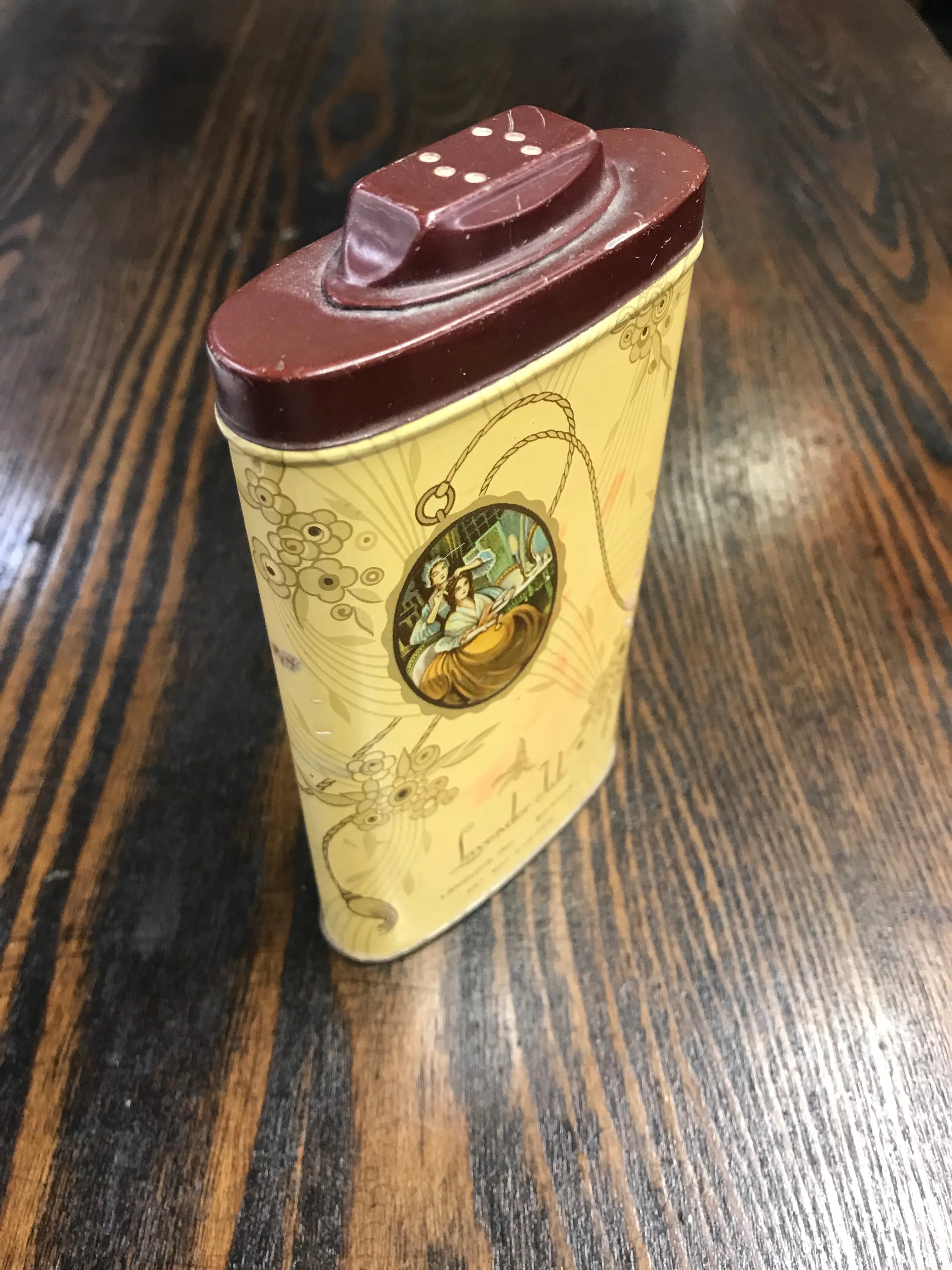 Beautiful Yellow 1930's ART DECO Lavender Talcum Powder Tin--LANGLOIS INC.