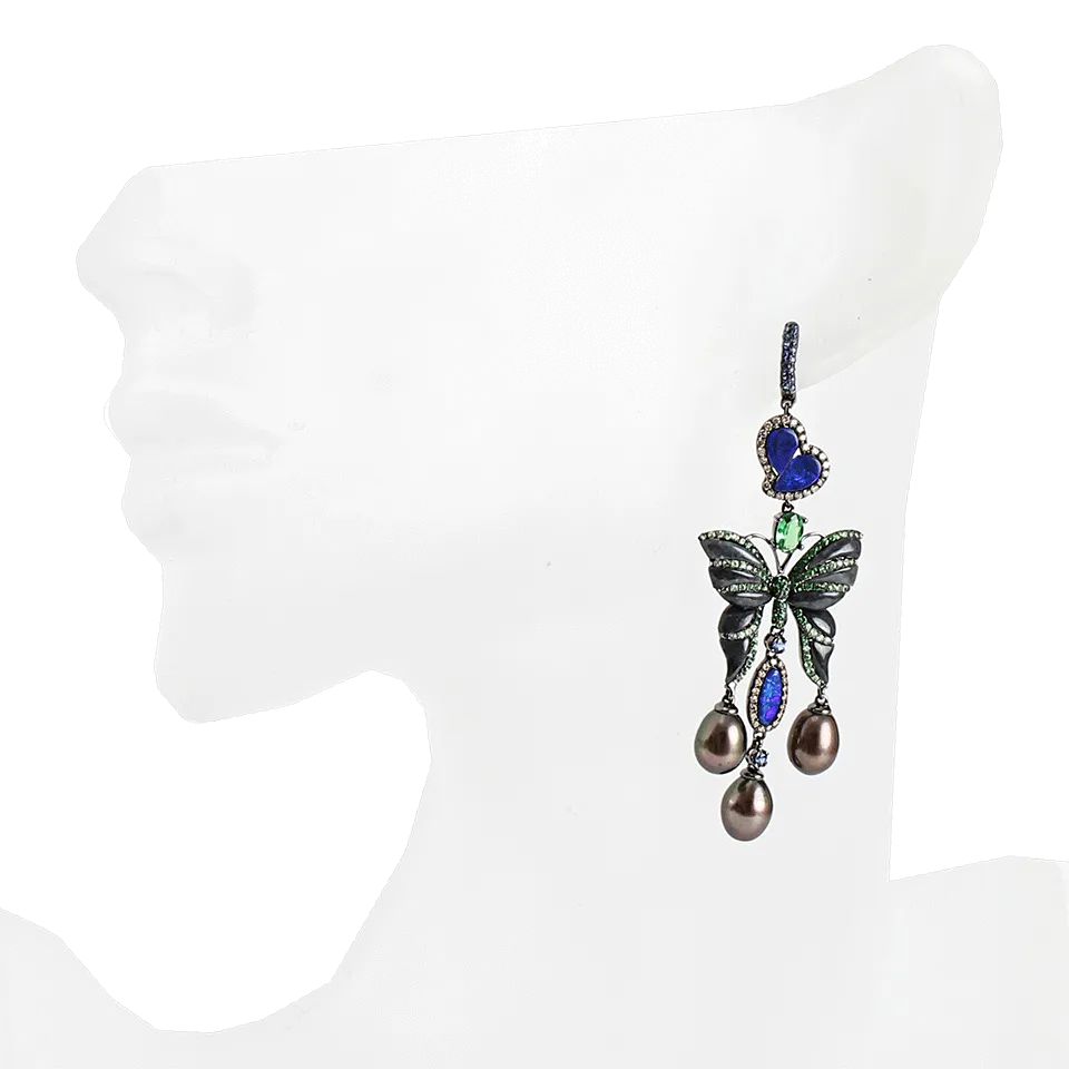Black Pearl Jade and Opal Butterfly Earrings