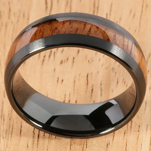Black Tungsten Natural Hawaiian Koa Wood Inlaid Mens Wedding Ring Barrel 8mm Hawaiian Ring