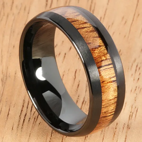 Black Tungsten Natural Hawaiian Koa Wood Inlaid Mens Wedding Ring Barrel 8mm Hawaiian Ring