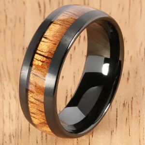 Black Tungsten Natural Hawaiian Koa Wood Inlaid Mens Wedding Ring Barrel 8mm Hawaiian Ring