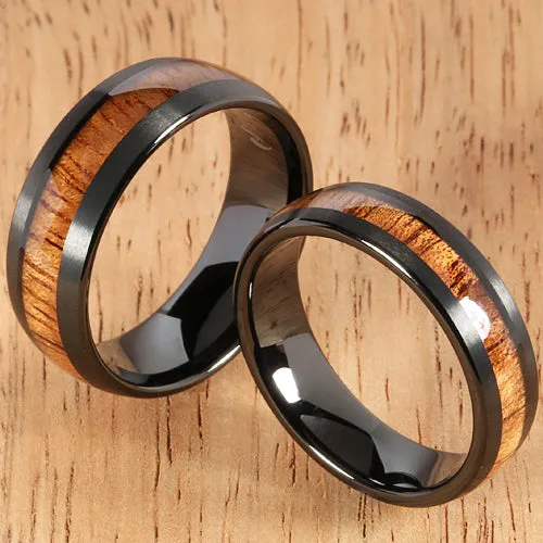 Black Tungsten Natural Hawaiian Koa Wood Inlaid Mens Wedding Ring Barrel 8mm Hawaiian Ring