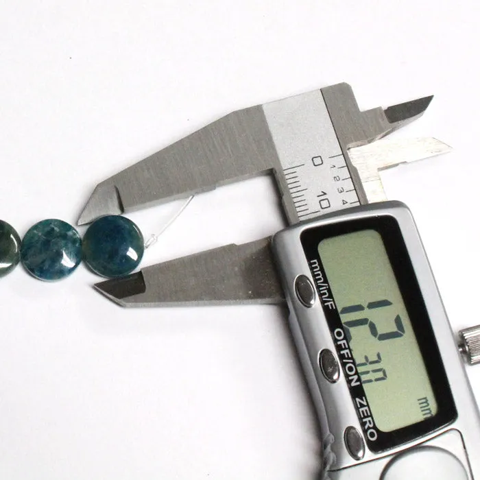 Blue Apatite 12mm Coin Beads / 15 bead strand / translucent peacock lagoon blue semi-precious stone