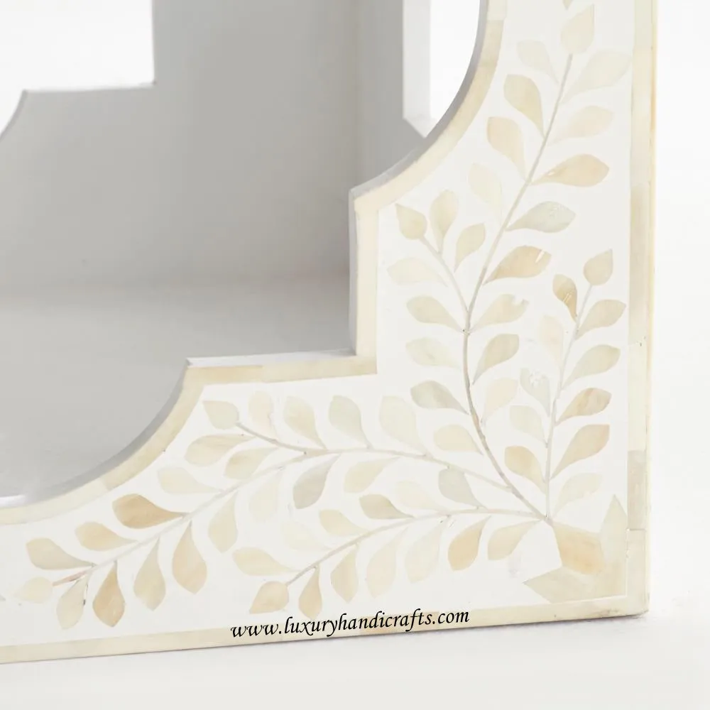 Bone Inlaid Quatrefoil Side Table Floral Design White