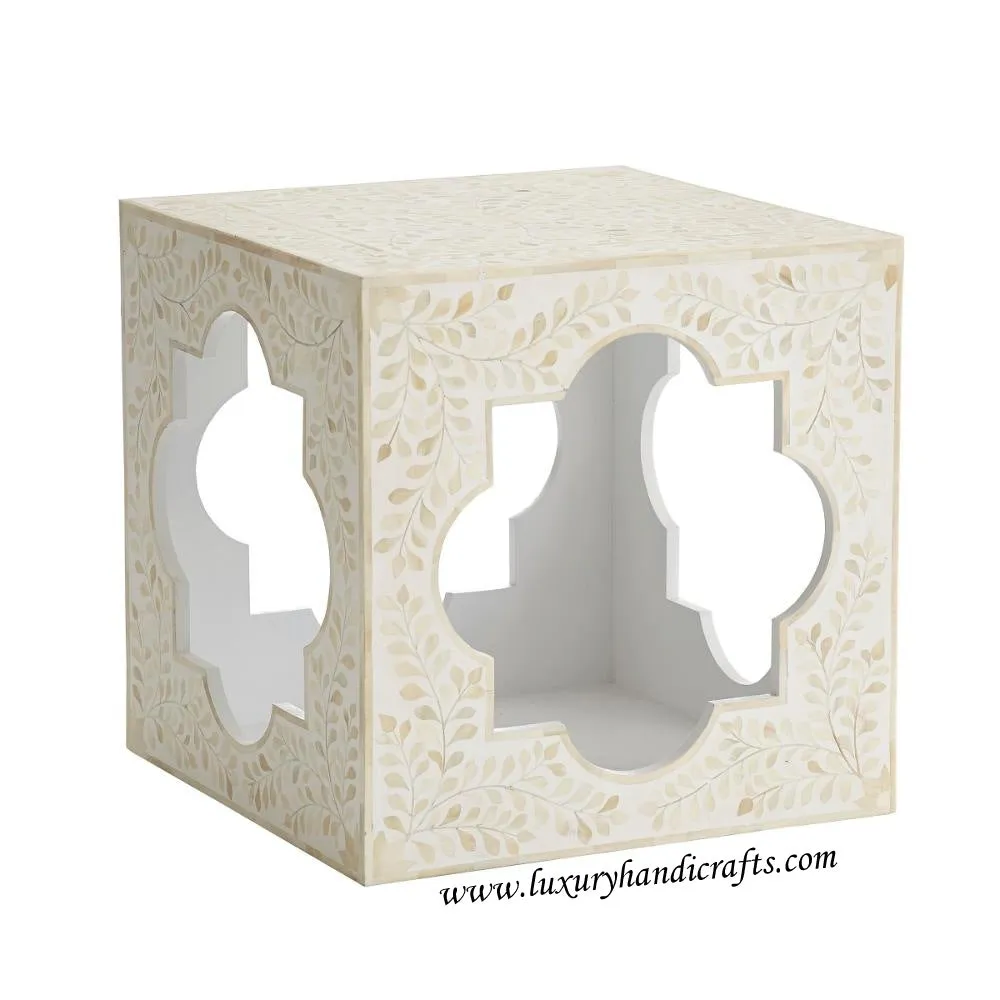 Bone Inlaid Quatrefoil Side Table Floral Design White