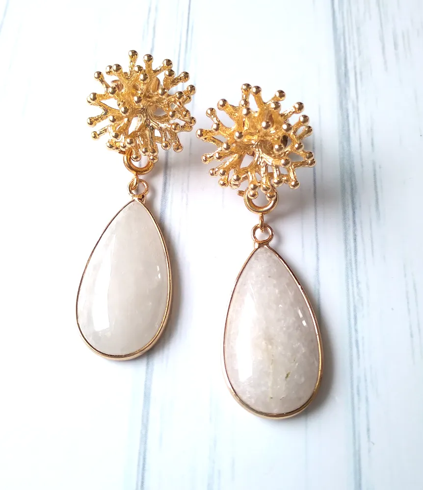 Branch Coral Brass Studs with Detachable White Jade Dangles