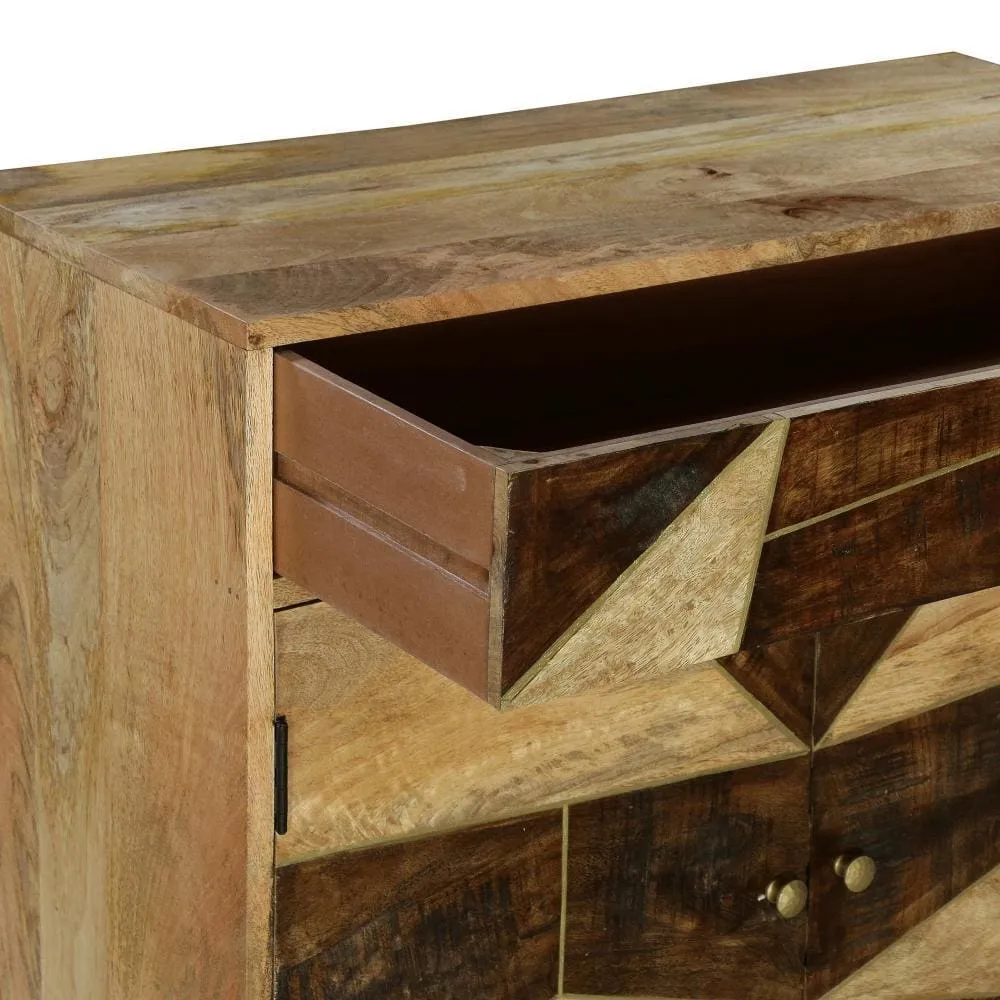 Brita 36 Inch Mango Wood Nightstand Side Table Cabinet, 2 Doors, Geometric Inlaid Design, Brown, Gold By The Urban Port