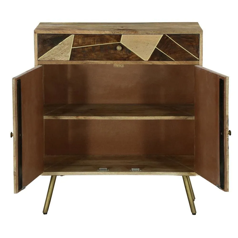 Brita 36 Inch Mango Wood Nightstand Side Table Cabinet, 2 Doors, Geometric Inlaid Design, Brown, Gold By The Urban Port
