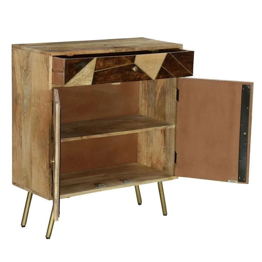 Brita 36 Inch Mango Wood Nightstand Side Table Cabinet, 2 Doors, Geometric Inlaid Design, Brown, Gold By The Urban Port