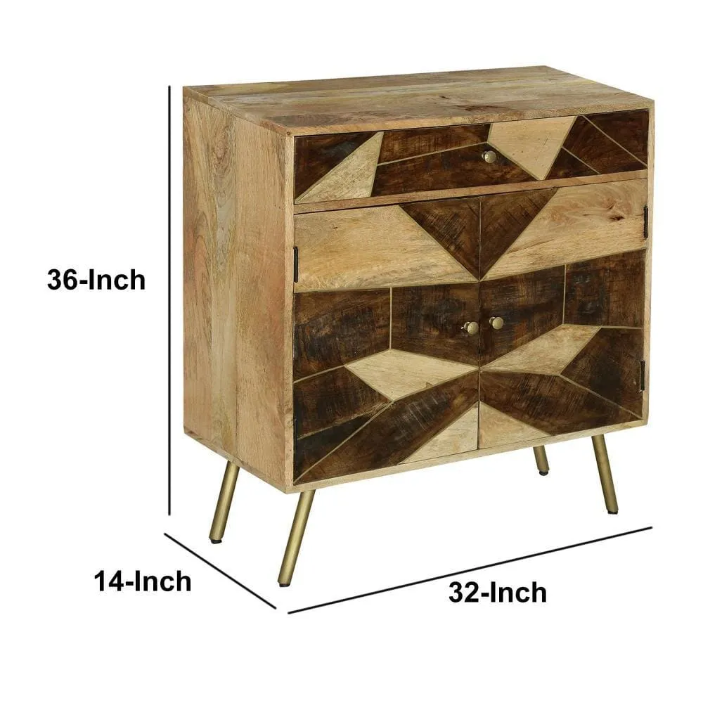 Brita 36 Inch Mango Wood Nightstand Side Table Cabinet, 2 Doors, Geometric Inlaid Design, Brown, Gold By The Urban Port