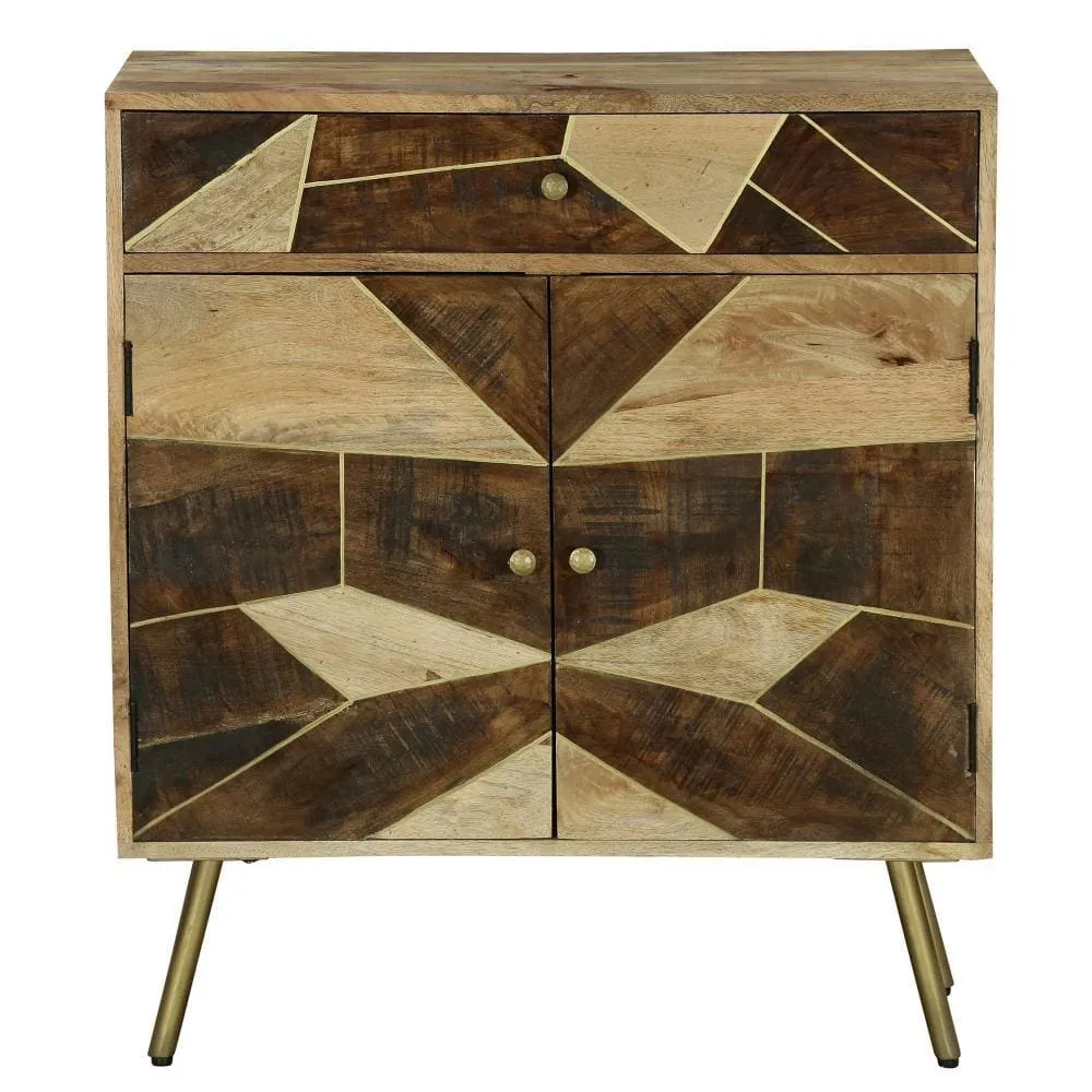 Brita 36 Inch Mango Wood Nightstand Side Table Cabinet, 2 Doors, Geometric Inlaid Design, Brown, Gold By The Urban Port