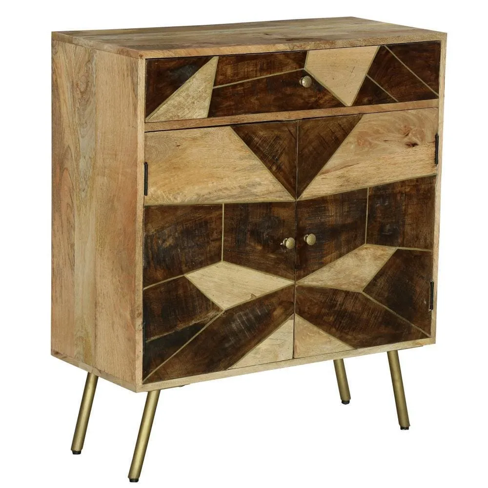 Brita 36 Inch Mango Wood Nightstand Side Table Cabinet, 2 Doors, Geometric Inlaid Design, Brown, Gold By The Urban Port