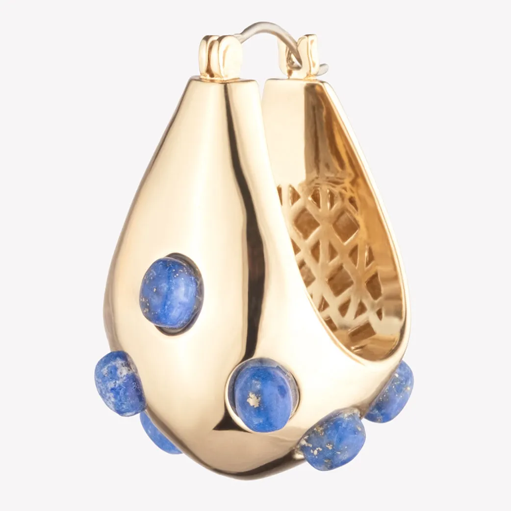 CABOCHON TEARDROP HOOP EARRINGS - LAPIS LAZULI