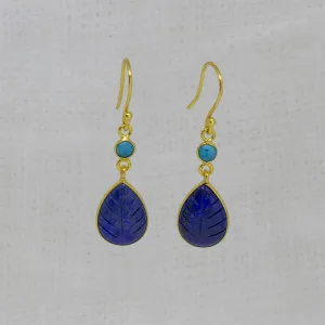 Carved Lapis Lazuli and Turquoise Drop Earrings