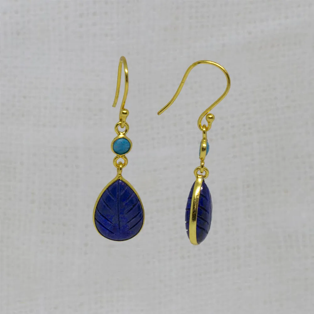 Carved Lapis Lazuli and Turquoise Drop Earrings