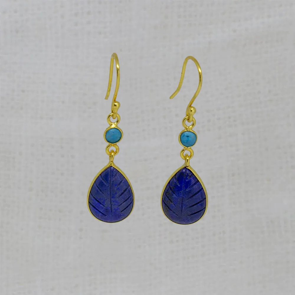 Carved Lapis Lazuli and Turquoise Drop Earrings