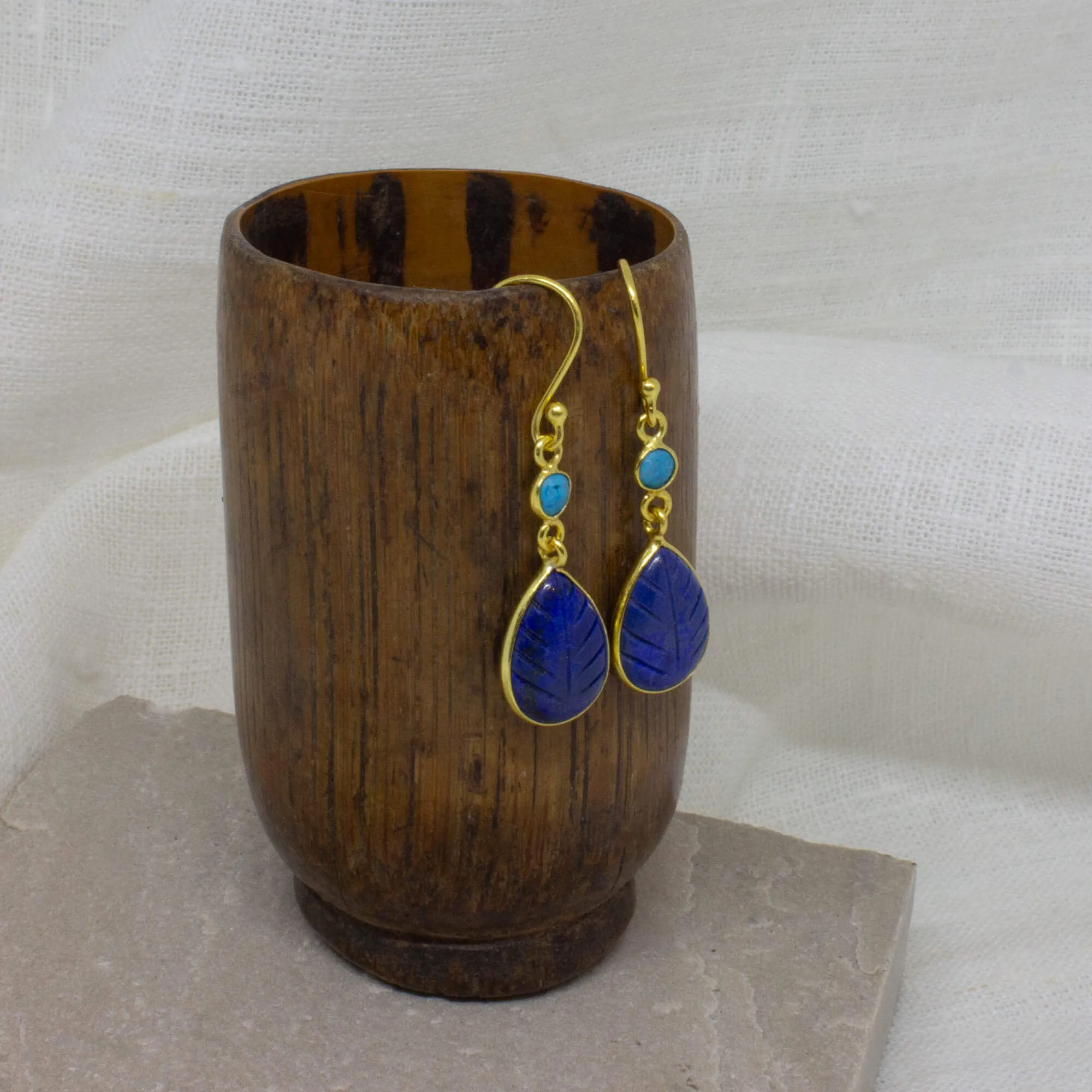 Carved Lapis Lazuli and Turquoise Drop Earrings